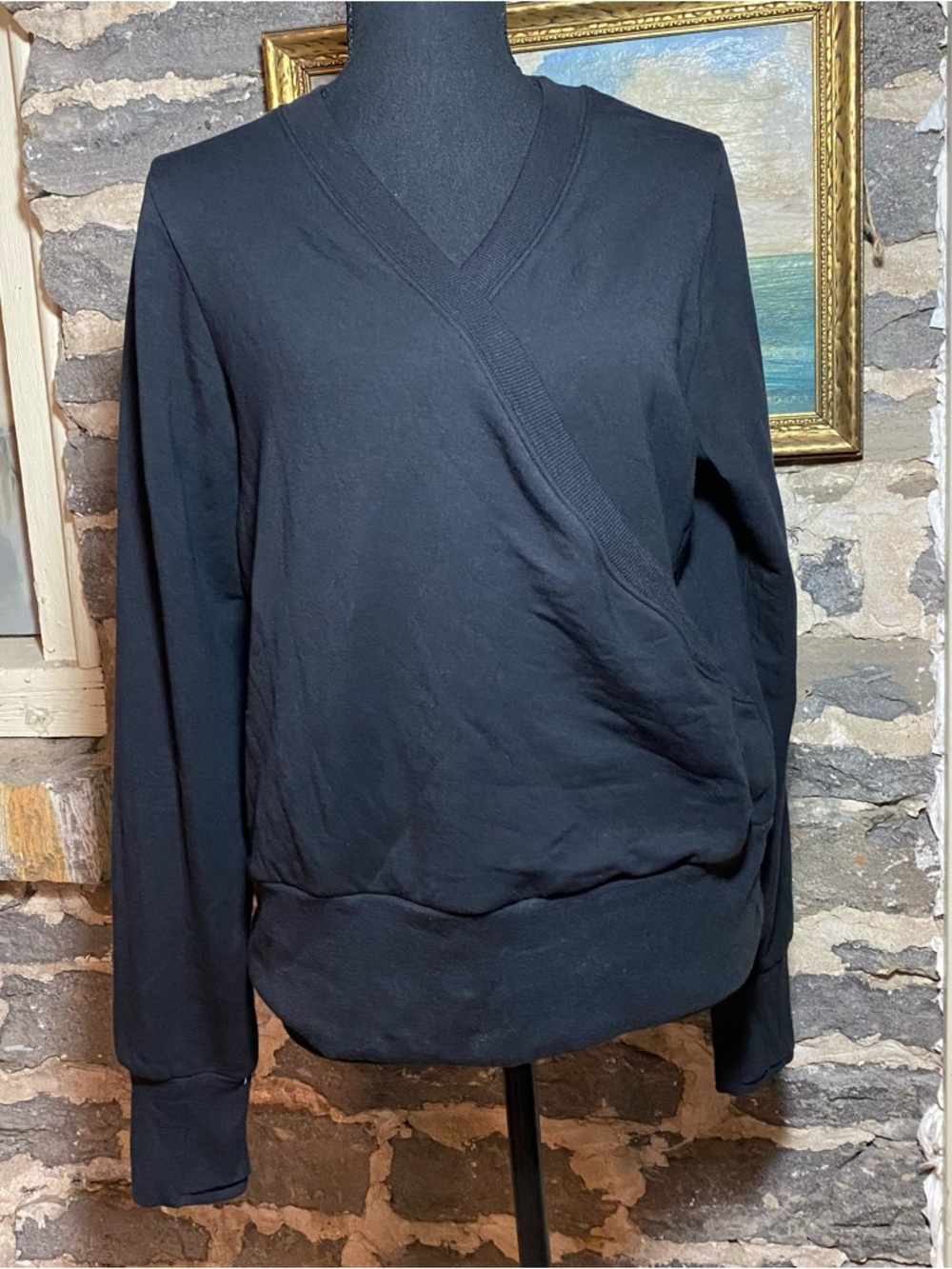Athleta Recharge Black V-Neck Wrap-style Pullover Sweatshirt